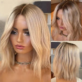 Blonde Wavy Bob Wig Lace Front Wig with Dark Roots Real Human Hair - Everyday Wigs